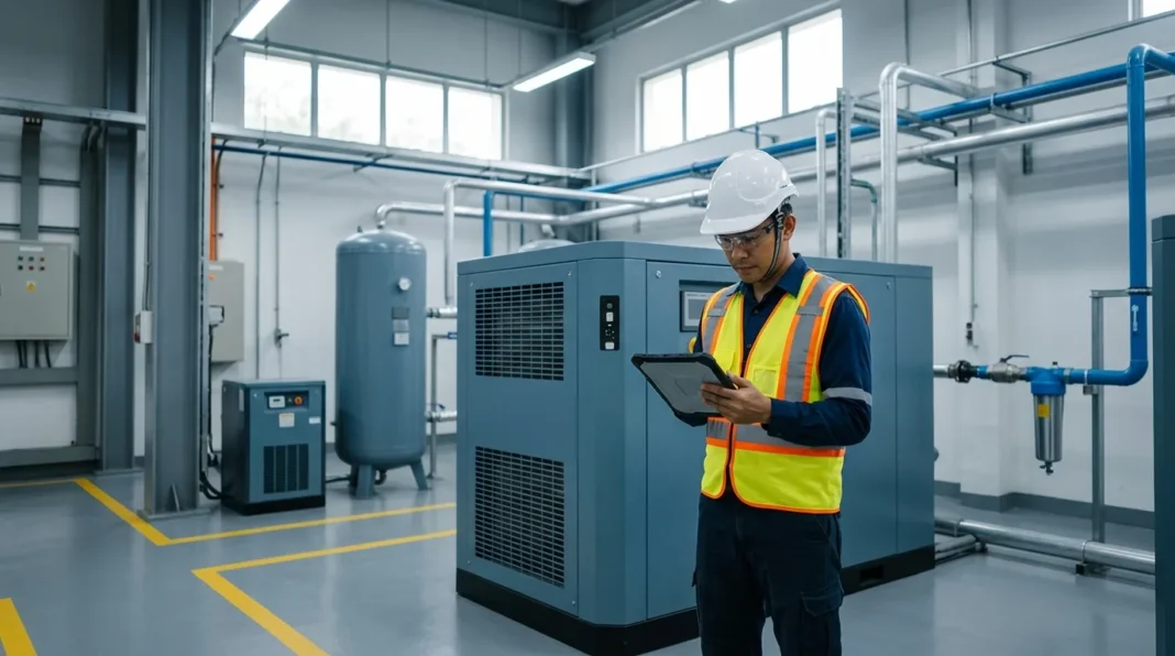 Engineer in a hard hat reviewing data on a tablet beside a rotary screw air compressor in a factory compressor room